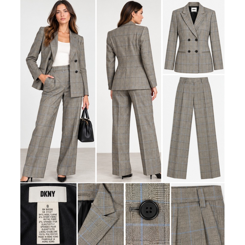 DKNY 2-Piece Blazer & Pants Set Womens 8 Gray Plaid Wool Blend Double-Breasted